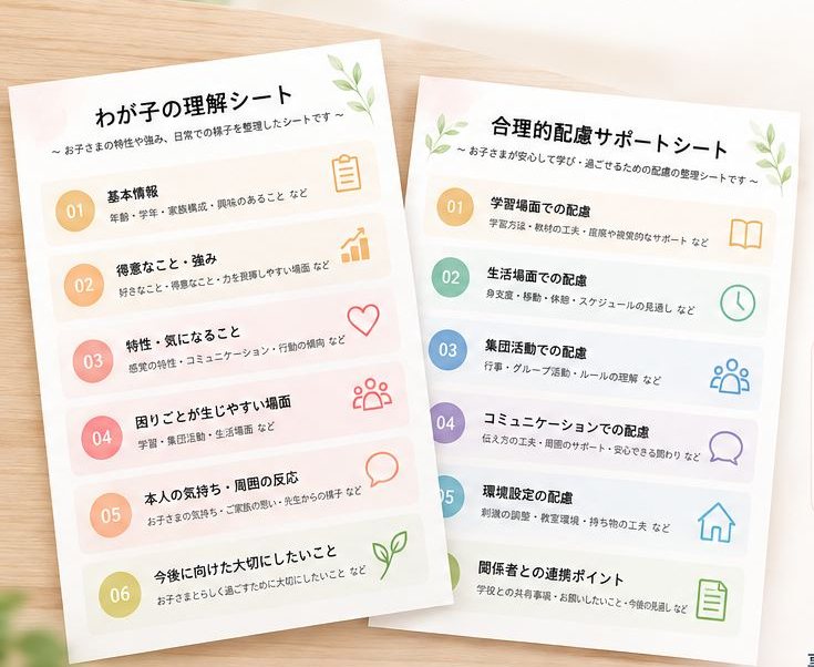 木のテーブルに置かれたA4カラー資料2枚（わが子の理解シート／合理的配慮サポートシート）